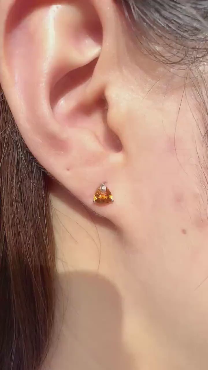 Genuine Citrine Trillion Cut Stud Earrings, 14k White Gold, November Birthstone