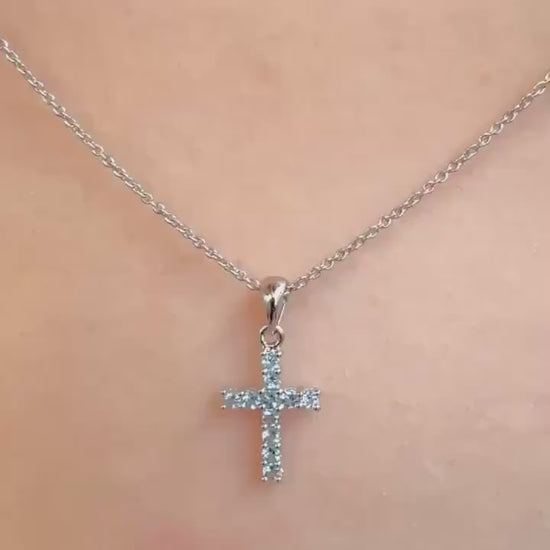 Genuine Aquamarine Cross Pendant (Mini) / 14K Solid Gold