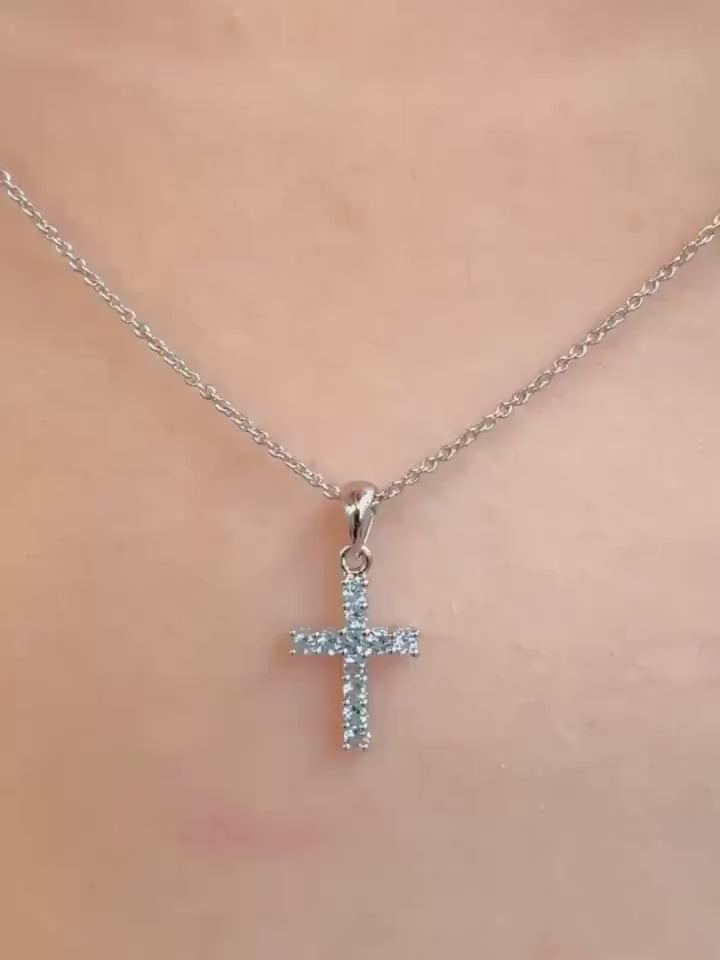Genuine Aquamarine Cross Pendant (Mini) / 14K Solid Gold