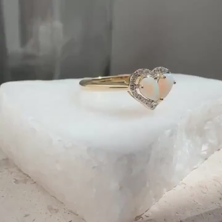 14k Yellow Gold Opal Diamond Heart Ring, Natural Gemstone Engagement Ring