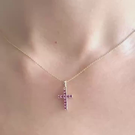 Genuine Deep Pink Sapphire Cross Pendant, Medium, 14k Solid Yellow Gold, September Birthstone