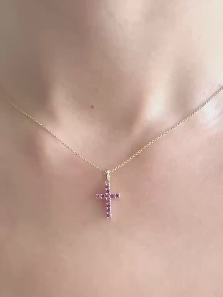 Genuine Deep Pink Sapphire Cross Pendant, Medium, 14k Solid Yellow Gold, September Birthstone