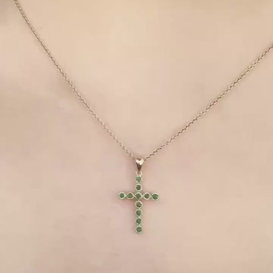 Genuine Emerald Cross Pendant, 14k Solid Yellow Gold, May Birthstone, Gift for Her