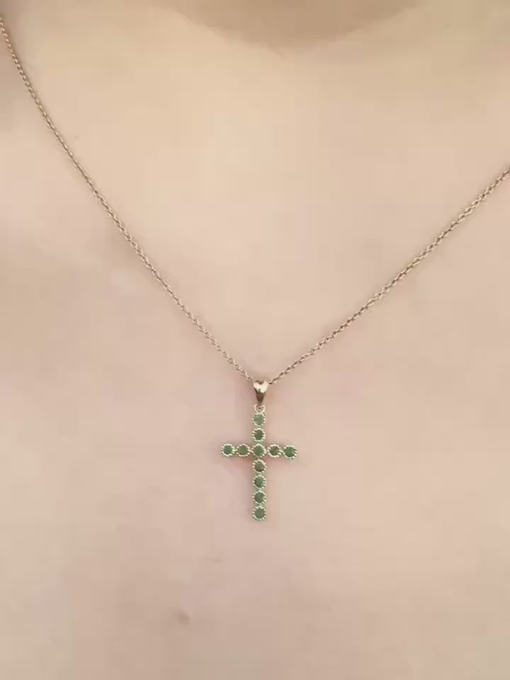 Genuine Emerald Cross Pendant, 14k Solid Yellow Gold, May Birthstone, Gift for Her