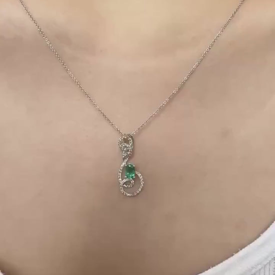 Genuine Emerald and Diamond Oval Cut Swirl Halo Pendant, 14k Solid White Gold, May Birthstone