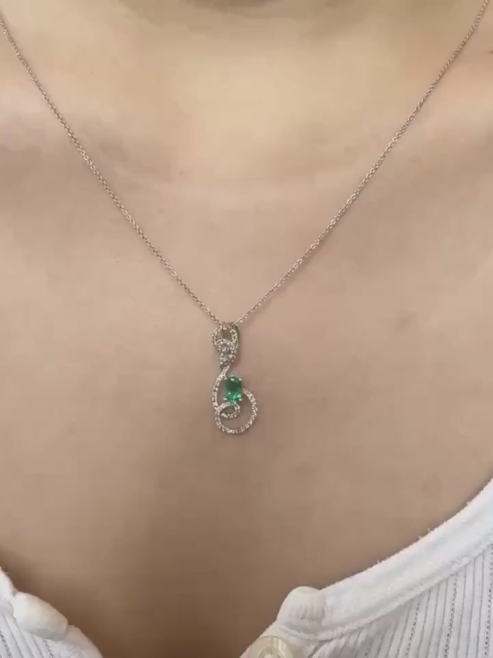 Genuine Emerald and Diamond Oval Cut Swirl Halo Pendant, 14k Solid White Gold, May Birthstone
