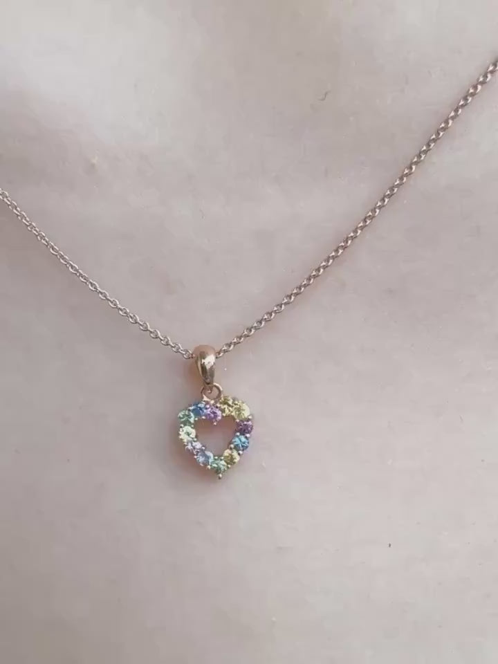 Genuine Rainbow Sapphire Heart Pendant | 14k Solid Gold