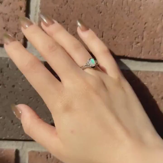 Cabochon Opal and Diamond Oval Ring, 14k Solid White Gold, October Birthstone, Gift for Her