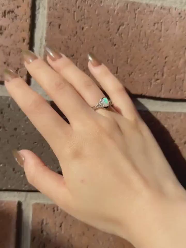 Cabochon Opal and Diamond Oval Ring, 14k Solid White Gold, October Birthstone, Gift for Her