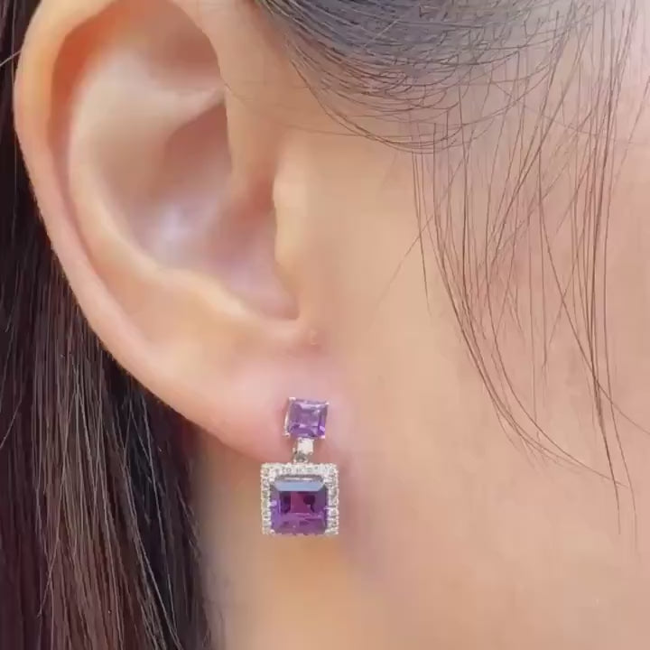 Genuine Amethyst and Diamond Dangle Earrings in 14k Solid Gold