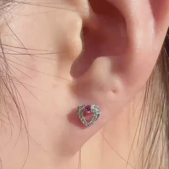 Genuine Ruby and Diamond Heart Stud Earrings in 18k Solid White Gold
