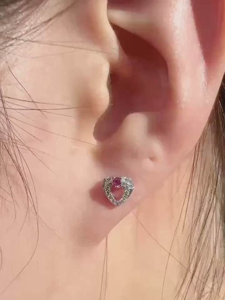 Genuine Ruby and Diamond Heart Stud Earrings in 18k Solid White Gold