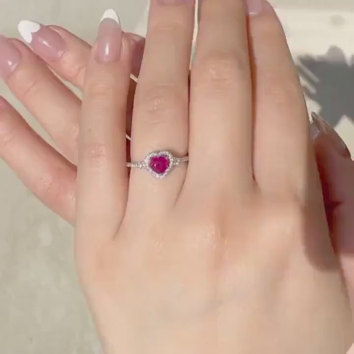 14k Solid White Gold Ruby & Diamond Heart Halo Ring, Natural Ruby and Diamond, July Birthstone Gift