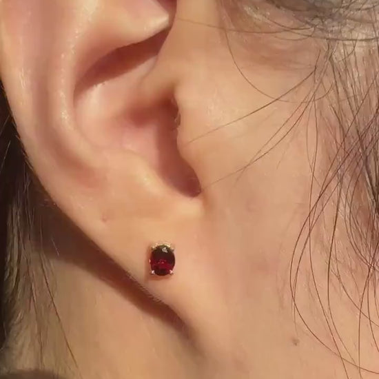 Genuine Garnet Oval Cut Solitaire Stud Earrings / 14k Solid Gold