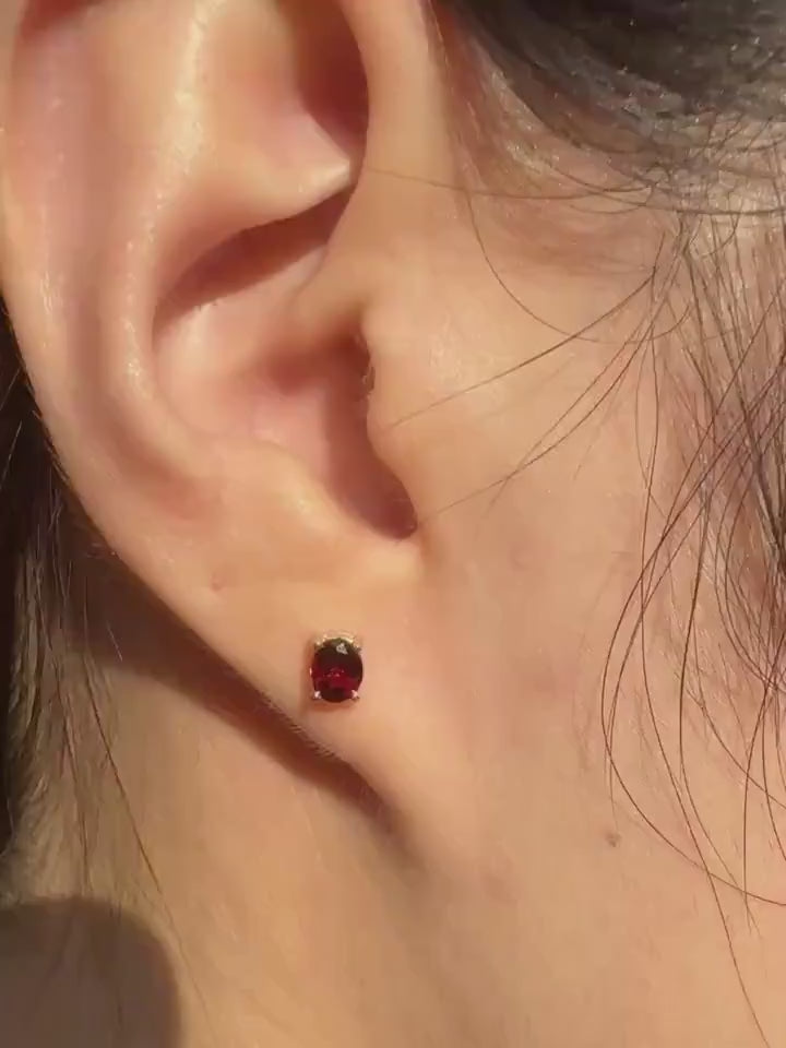 Genuine Garnet Oval Cut Solitaire Stud Earrings / 14k Solid Gold