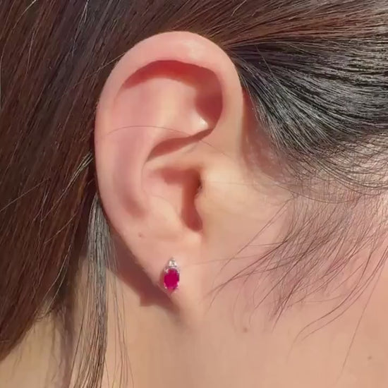 Genuine Ruby and Diamond Oval Studs / 14k Solid White Gold