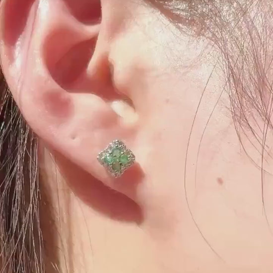 Genuine Emerald Diamond Square Halo Stud Earrings, 14k Solid White Gold, May Birthstone