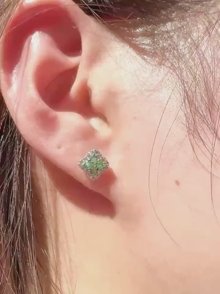 Genuine Emerald Diamond Square Halo Stud Earrings, 14k Solid White Gold, May Birthstone