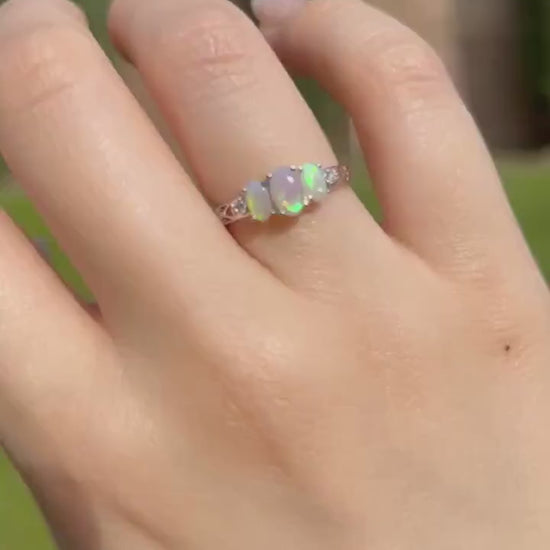 Genuine Trio Opal and Diamond Oval Ring, 14k Solid Gold, October Birthstone, Gift for Her