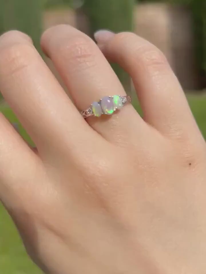 Genuine Trio Opal and Diamond Oval Ring, 14k Solid Gold, October Birthstone, Gift for Her
