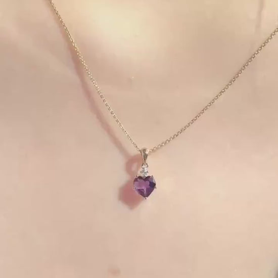 14k Solid Gold Amethyst Heart Pendant with Diamond, February Birthstone Gift