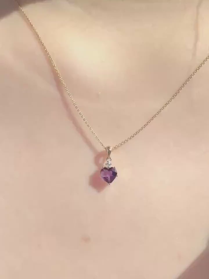 14k Solid Gold Amethyst Heart Pendant with Diamond, February Birthstone Gift