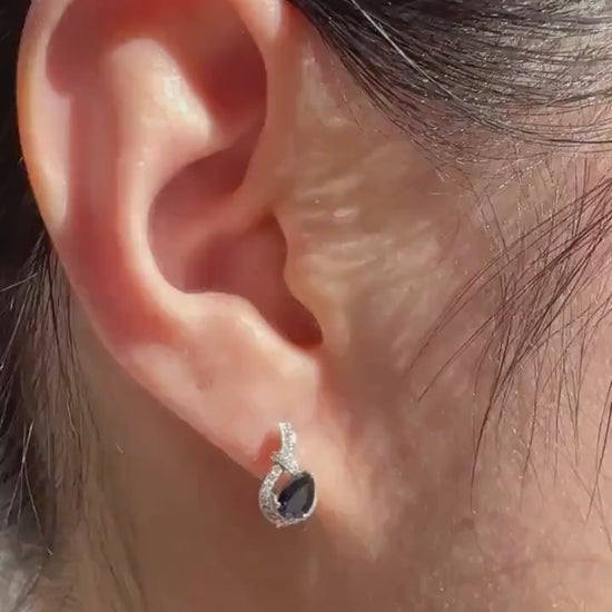 14k Solid White Gold Teardrop Hoop Earrings, Sapphire & Diamond, September Birthstone Gift