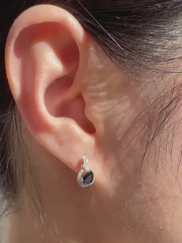 14k Solid White Gold Teardrop Hoop Earrings, Sapphire & Diamond, September Birthstone Gift