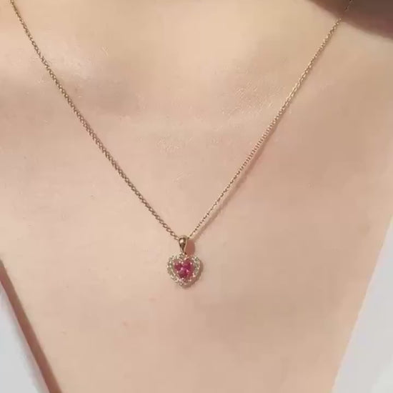 Genuine Ruby and Diamond Dainty Heart Halo Pendant, 14k Solid Gold, July Birthstone, Gift for Her