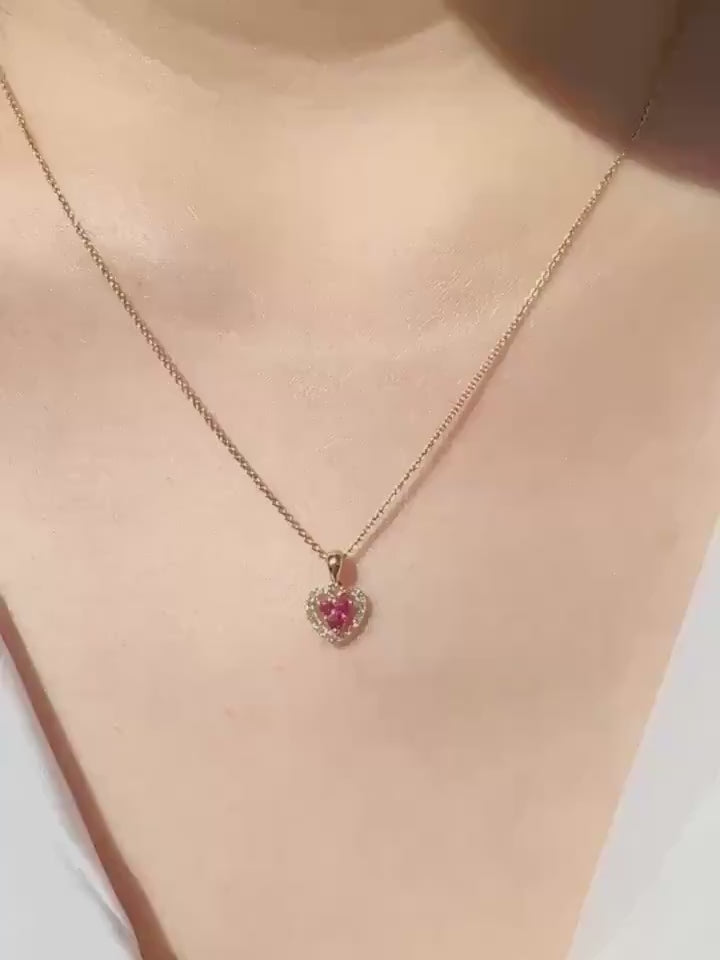 Genuine Ruby and Diamond Dainty Heart Halo Pendant, 14k Solid Gold, July Birthstone, Gift for Her