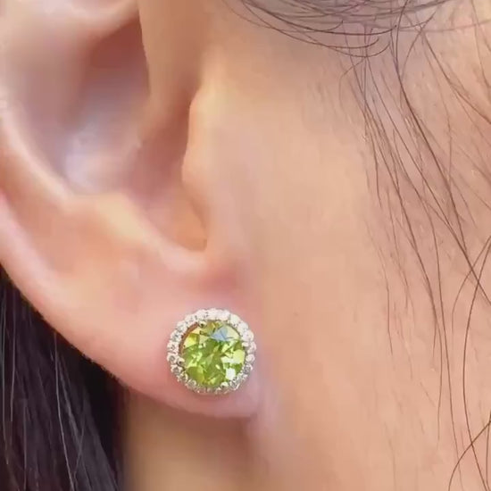 Genuine Peridot and Diamond Round Stud Earrings in 14k Solid Gold