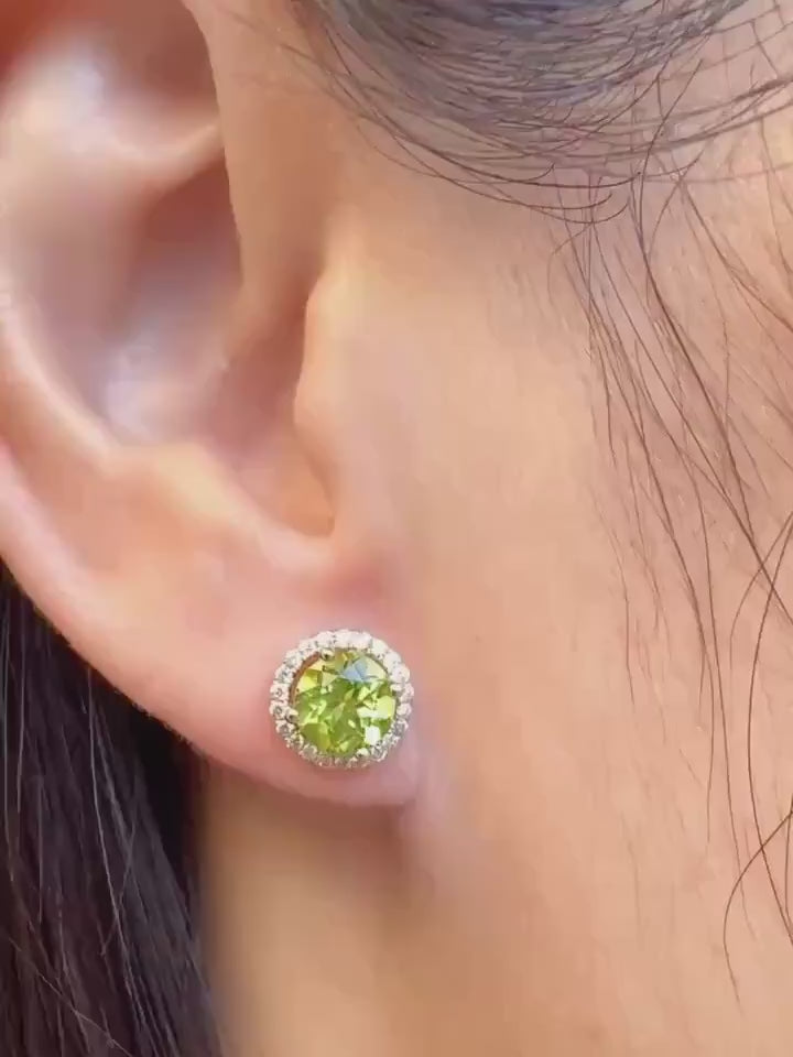 Genuine Peridot and Diamond Round Stud Earrings in 14k Solid Gold