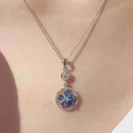18k White Gold Sapphire Diamond Flower Halo Pendant, September Birthstone Gift