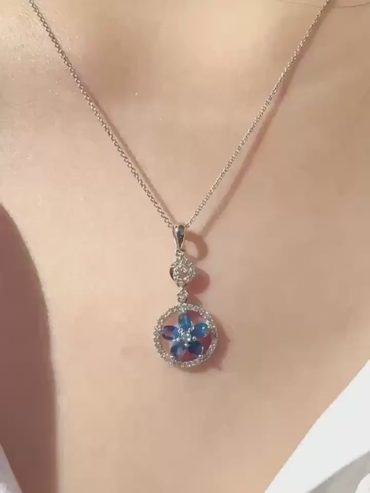 18k White Gold Sapphire Diamond Flower Halo Pendant, September Birthstone Gift