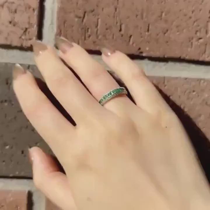 Genuine Emerald and Diamond Half Eternity Ring, Princess Cut, 14k Solid White Gold, May Birthstone