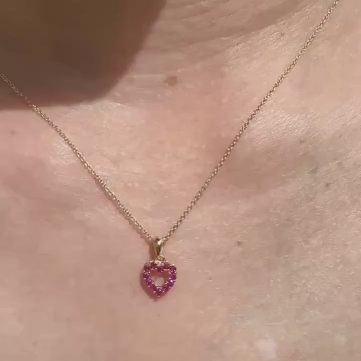 Genuine Ruby Pavé Heart Outline Pendant, 14k Solid Gold, July Birthstone, Gift for Her