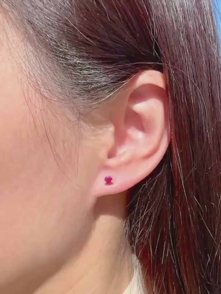 14k Solid Gold Ruby Stud Earrings, 4mm Round Cut, July Birthstone Gift