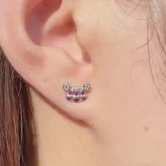 Genuine Ruby Mouse Earrings, 18k White Gold Diamond Cluster Studs