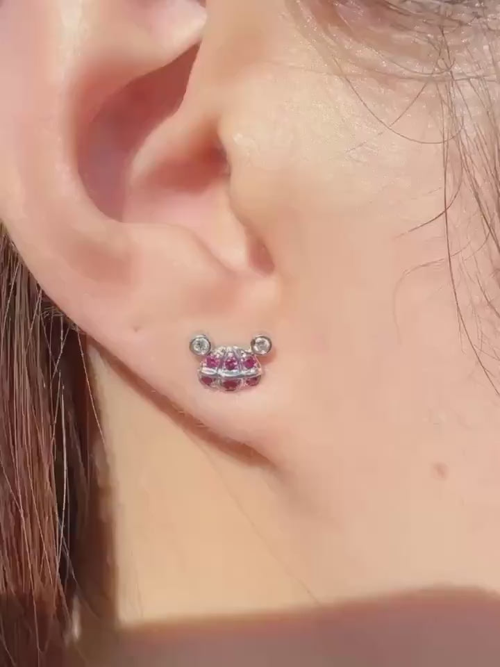 Genuine Ruby Mouse Earrings, 18k White Gold Diamond Cluster Studs