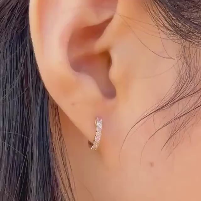 14k Rose Gold Huggie Hoop Earrings, Pink Sapphire & Diamond, September Birthstone