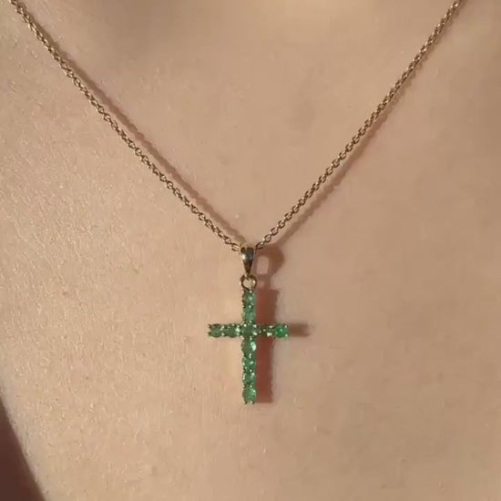 Genuine Emerald Round Cut Cross Pendant, Large, 14k Solid Gold, May Birthstone Gift