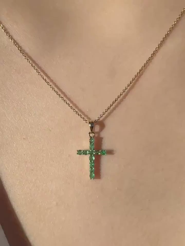 Genuine Emerald Round Cut Cross Pendant, Large, 14k Solid Gold, May Birthstone Gift