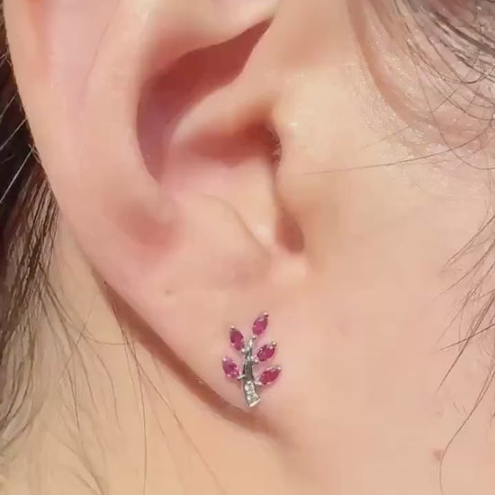 Genuine Ruby and Diamond Fern Stud Earrings in 14k Solid Gold