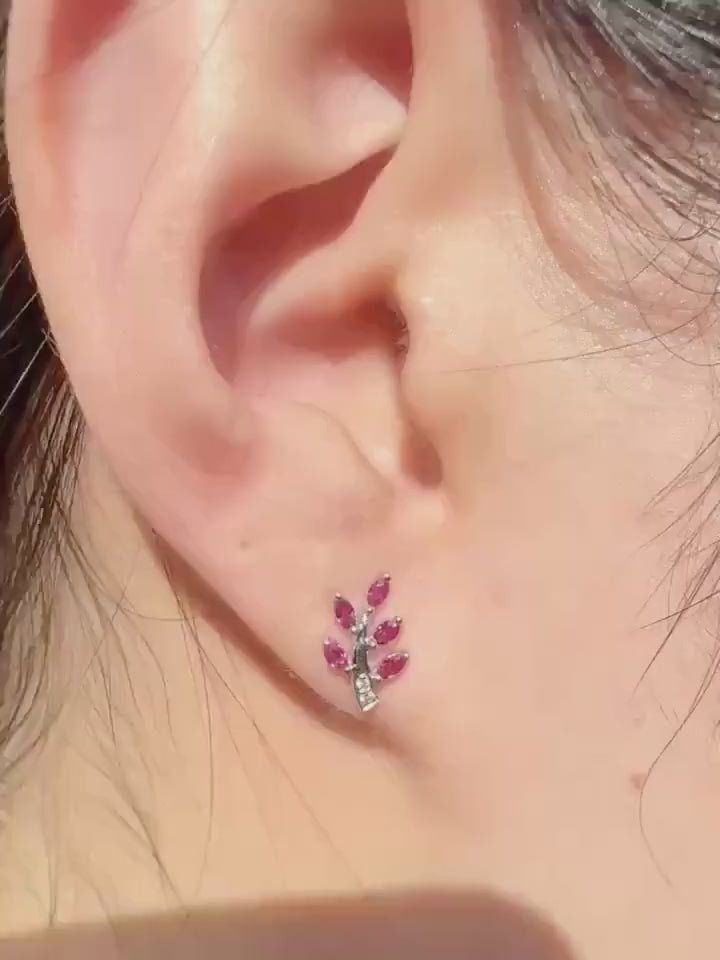 Genuine Ruby and Diamond Fern Stud Earrings in 14k Solid Gold