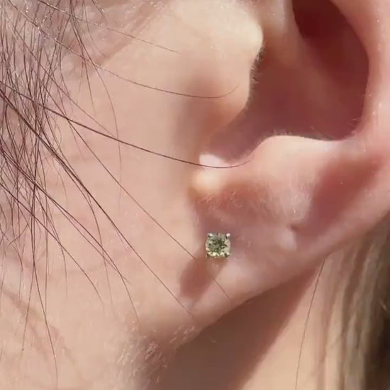 Genuine Peridot 3 mm Round Cut Solitaire Stud Earrings / 14k Solid Gold