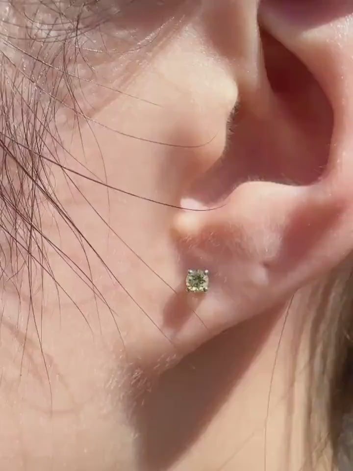 Genuine Peridot 3 mm Round Cut Solitaire Stud Earrings / 14k Solid Gold