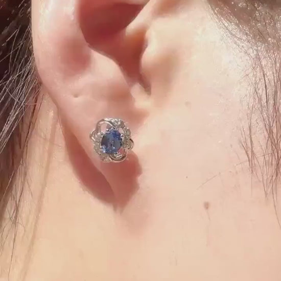 18k White Gold Oval Sapphire Diamond Flower Stud Earrings, September Birthstone Gift