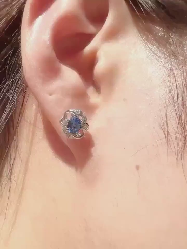 18k White Gold Oval Sapphire Diamond Flower Stud Earrings, September Birthstone Gift