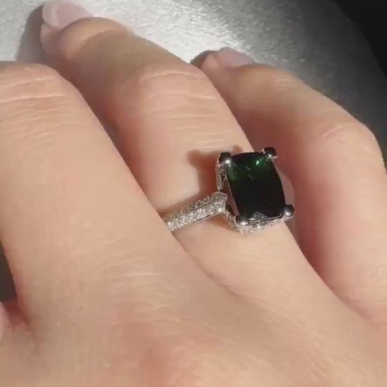Genuine Cushion Cut Green Tourmaline and Diamond Ring | 18k Solid White Gold