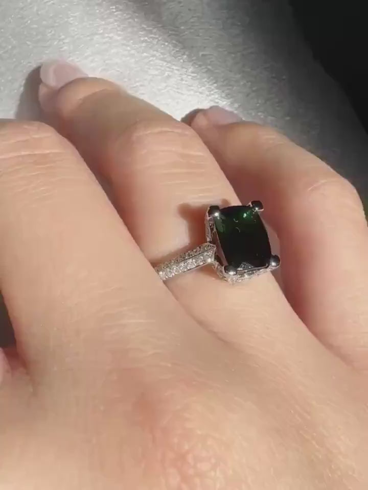 Genuine Cushion Cut Green Tourmaline and Diamond Ring | 18k Solid White Gold